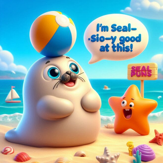 Seal balancing a beach ball, smiling, with a starfish nearby saying seal puns.