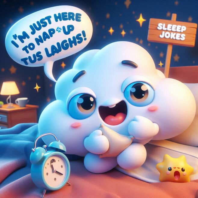 A fluffy cloud character grinning while holding a pillow and a clock, with a star beside it.