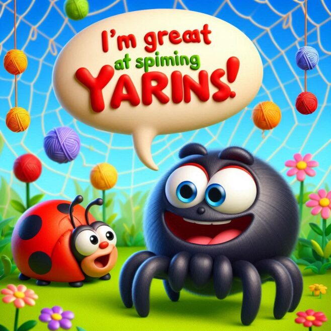 Colorful cartoon spider and ladybug in a playful garden scene with yarn balls.