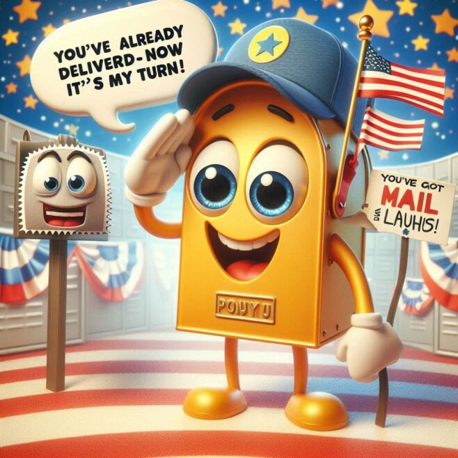 Cheerful character in a cap salutes with a flag, excitedly proclaiming delivery duty.