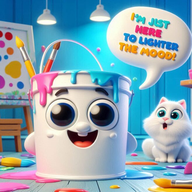 Smiling paint bucket with paint dripping, brushes inside, and a cat nearby.
