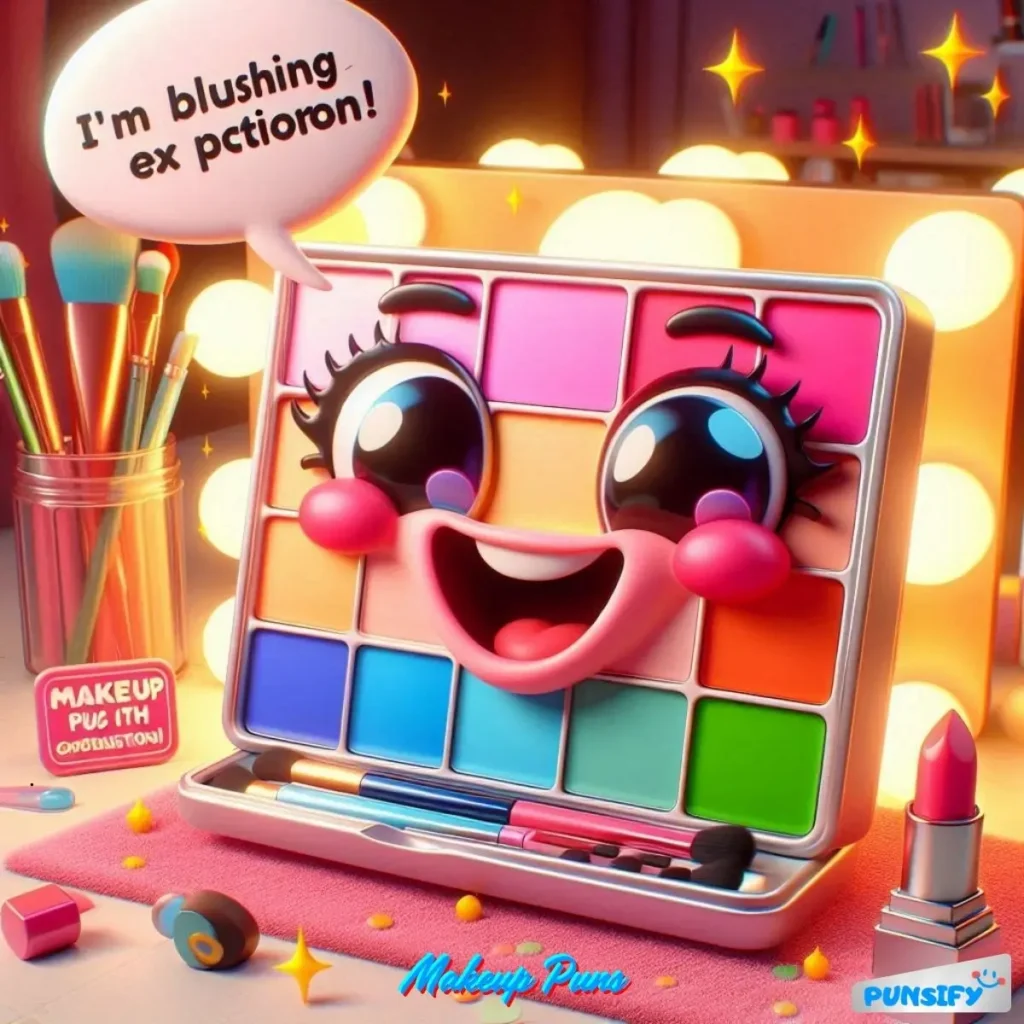 A makeup palette with a smiling face saying, "I'm blushing, ex pction!"