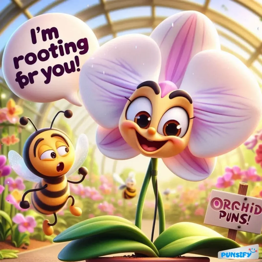 A flower with a smiling face and a bee saying, 'I'm rooting for you!'