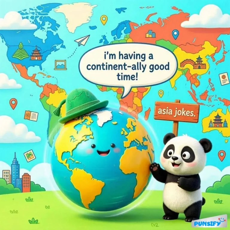 A cheerful panda with a globe wearing a hat, saying, "I'm having a continent-ally good time!"