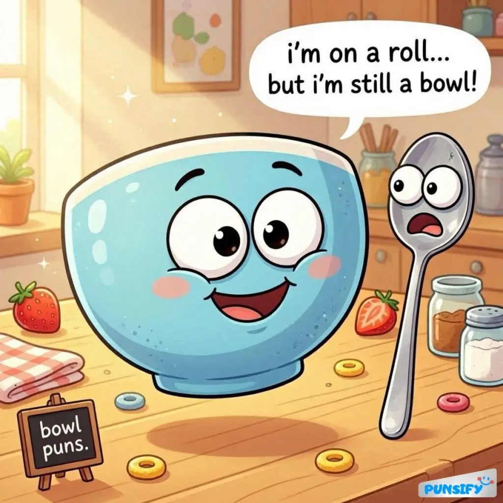 A happy blue bowl with big eyes talks to a surprised spoon, surrounded by colorful cereal and fruits.