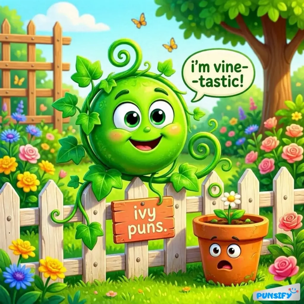 A smiling green vine character with leafy tendrils, holding a sign that reads "ivy puns".