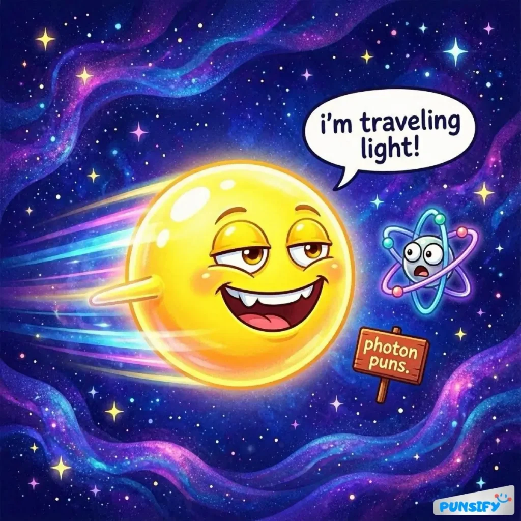 Cheerful sun zipping through space, with a playful atom looking surprised.
