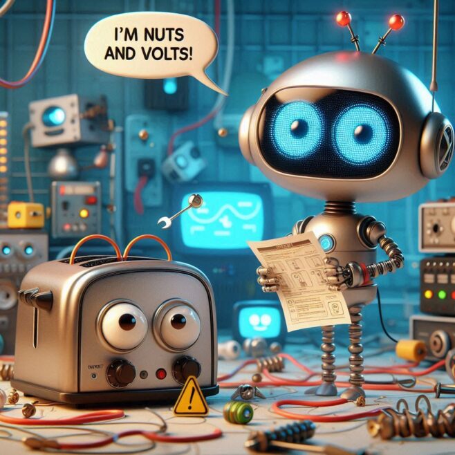 A cheerful cartoon robot holding a diagram stands next to a wide-eyed toaster, amidst colorful wires and gadgets. A speech bubble reads, "I’m nuts and volts!"