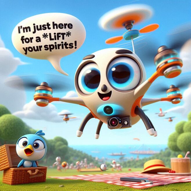 A cheerful drone floats above a picnic, ready to lift spirits with humor.