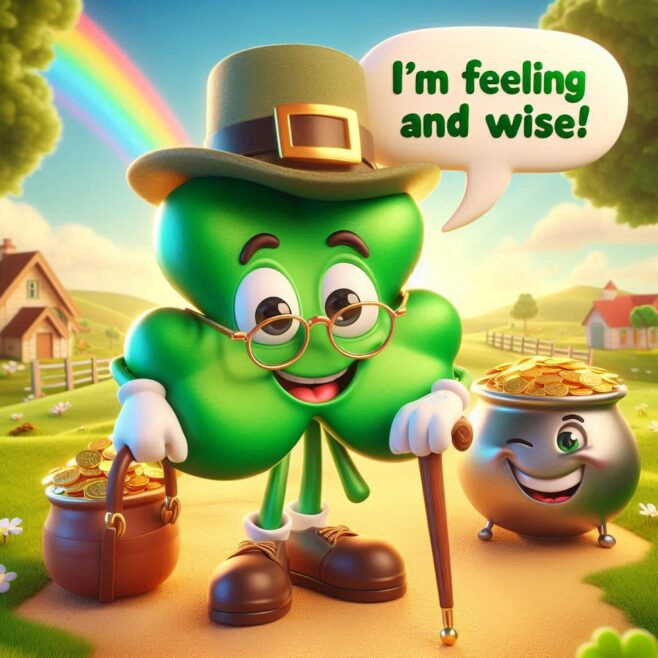 Cheerful green clover character with glasses and a cane, holding a pot of gold.