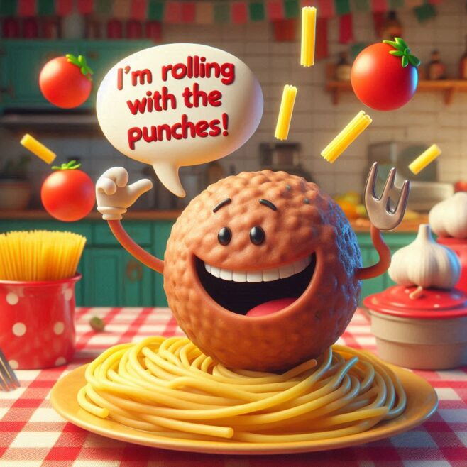 A cheerful meatball juggling pasta and tomatoes, smiling wide with a fork in hand.
