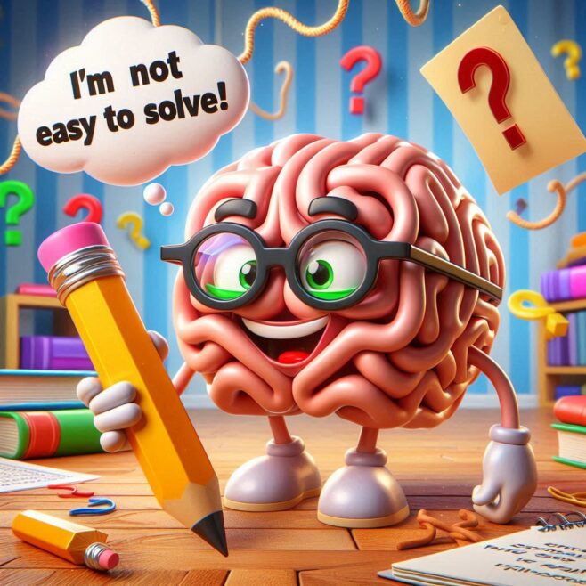 A cartoon brain character with glasses holding a pencil, saying "I'm not easy to solve!"
