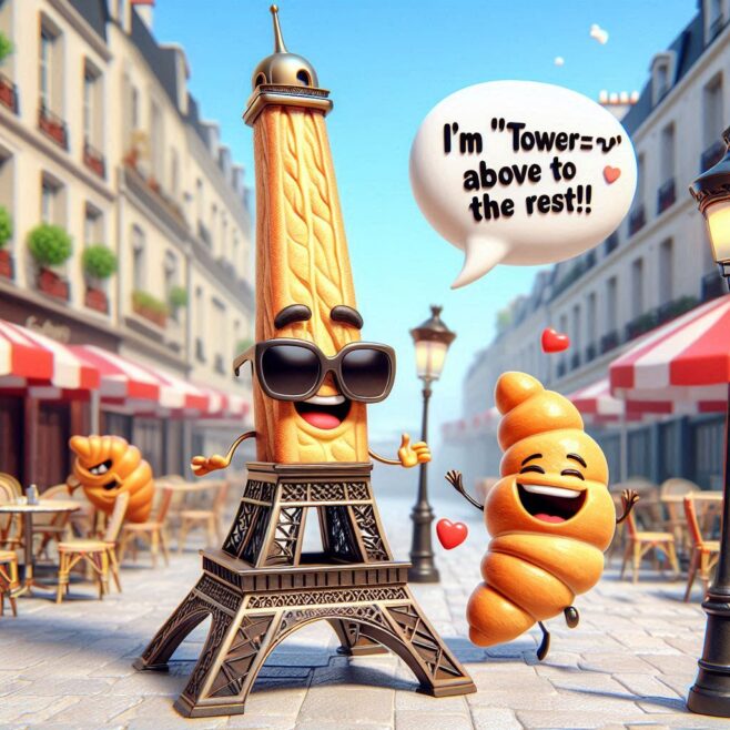 Eiffel Tower made of churros with sunglasses and a croissant character smiling, love hearts around them.