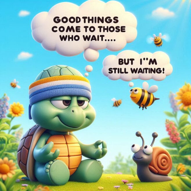 Cartoon turtle with a hat and a snail in a garden. Turtle thinks, "Good things come to those who wait..."