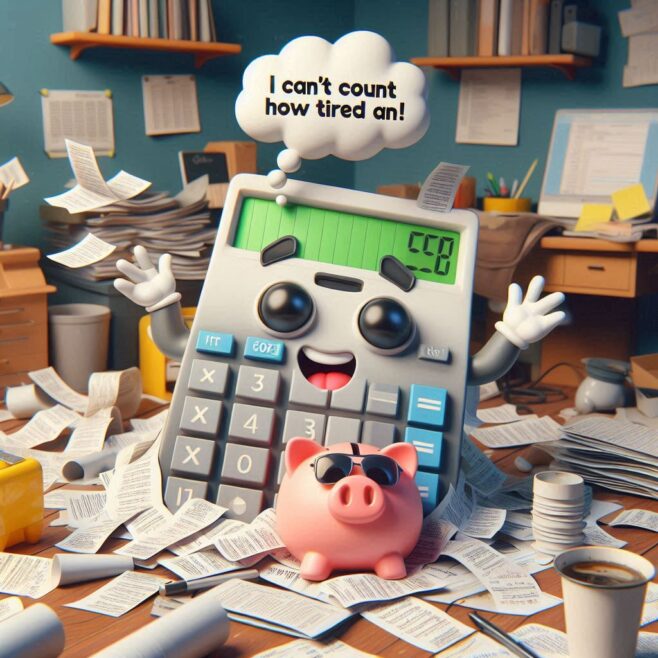 A happy calculator with arms and a piggy bank wearing sunglasses surrounded by paperwork.