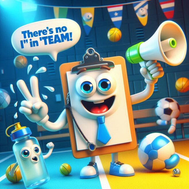 A cheerful clipboard character holding a megaphone with a water bottle beside it in a sports setting.
