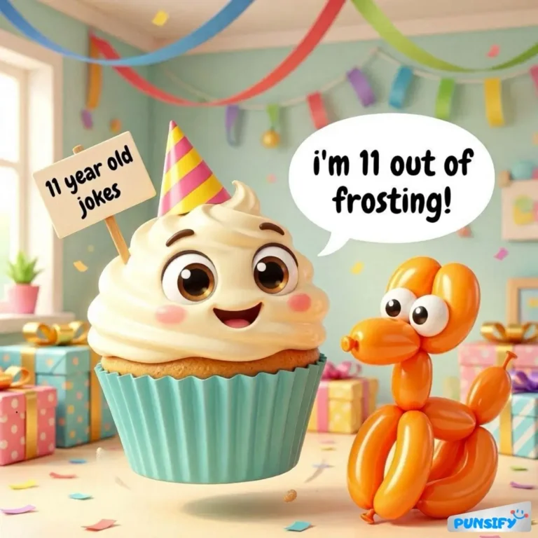 Cupcake with a party hat beside a balloon dog, celebrating with jokes.