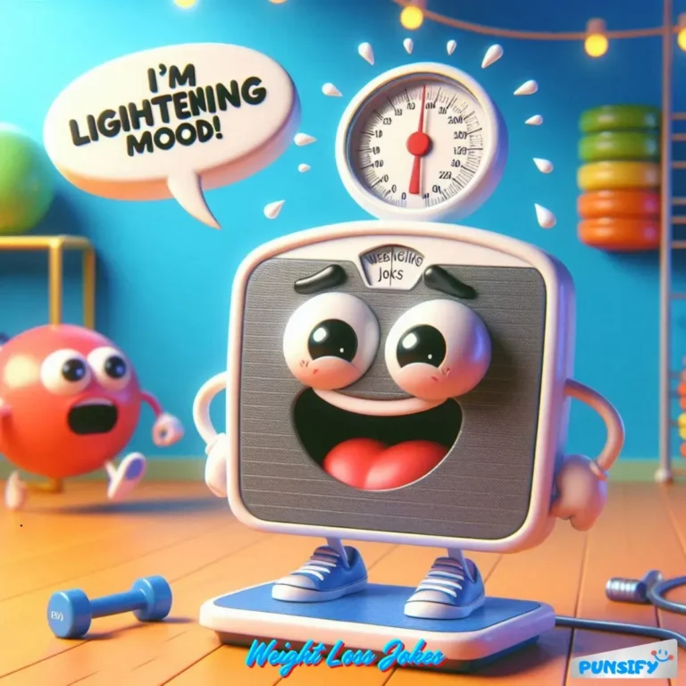 A cheerful scale with a smiling face, saying "I'm lightening mood!" in a fun gym setting.