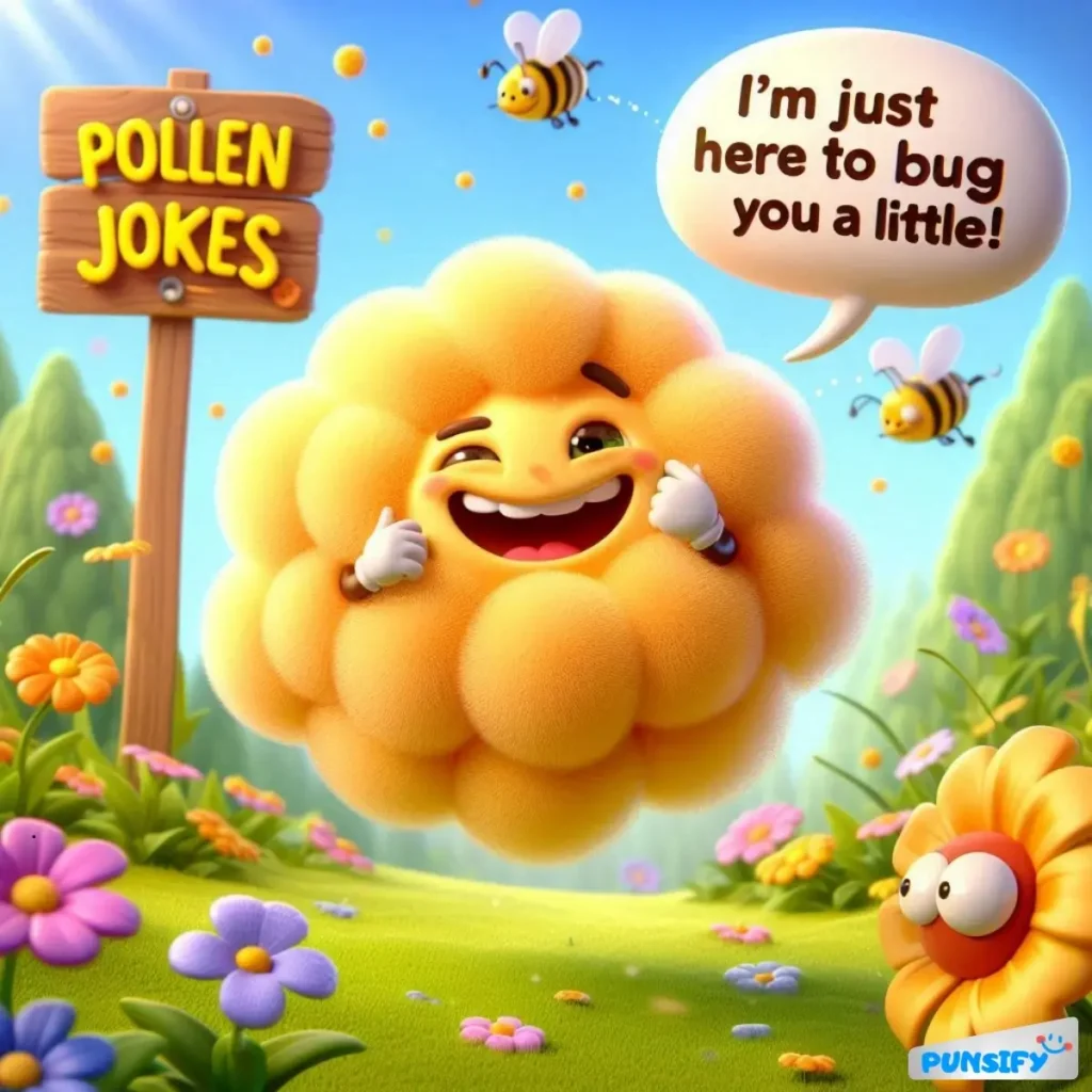 Cheerful fluffy character with bees, smiling with flowers around. Says, "I'm just here to bug you a little!"