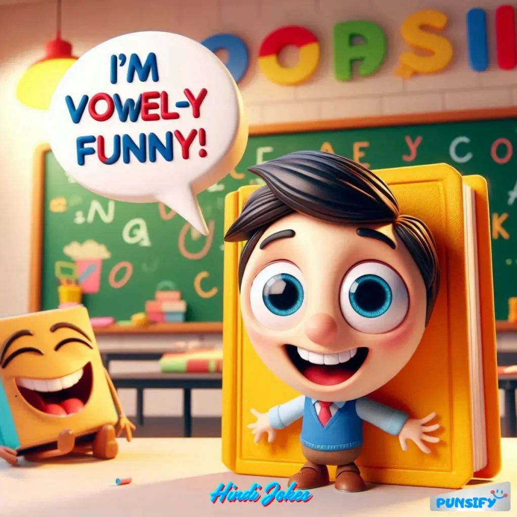 A joyful character with large eyes and a book, saying, 'I’m VOWEL-Y FUNNY!'