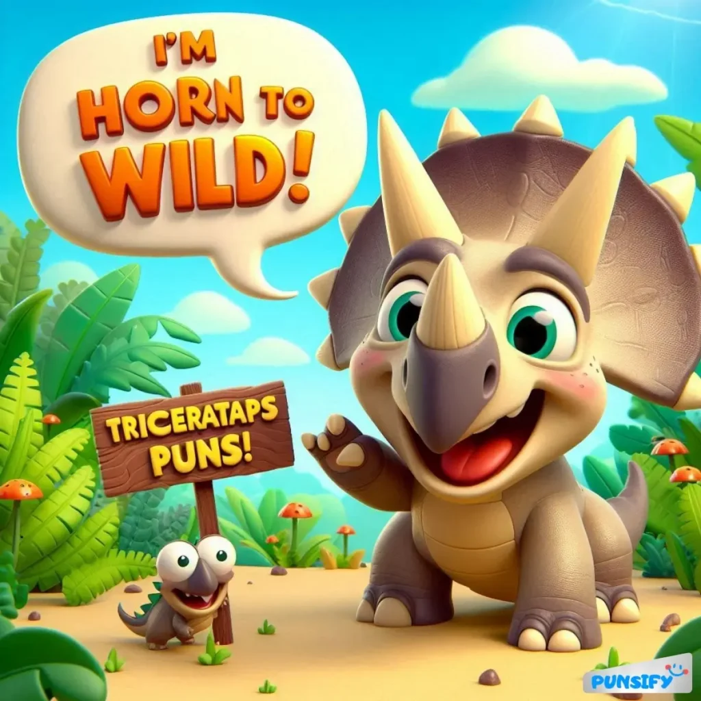 A cheerful dinosaur with a big grin, saying, "I'M HORN TO WILD!"
