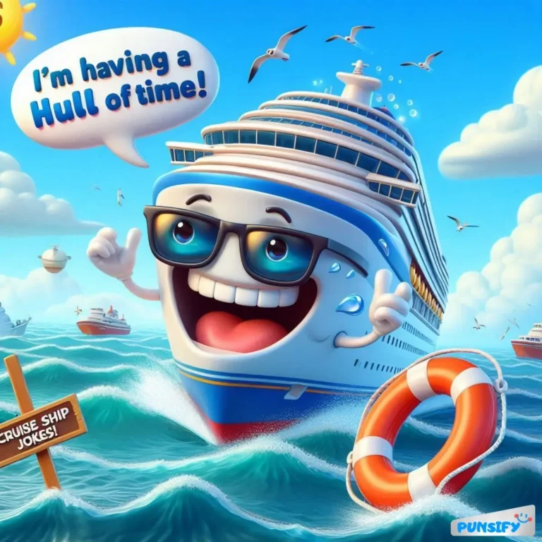 A smiling cruise ship wearing glasses waves cheerfully in the ocean.