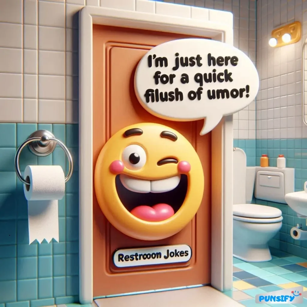 Emoji face with a wink beside a restroom door saying, 'I'm just here for a quick flush of umor!'