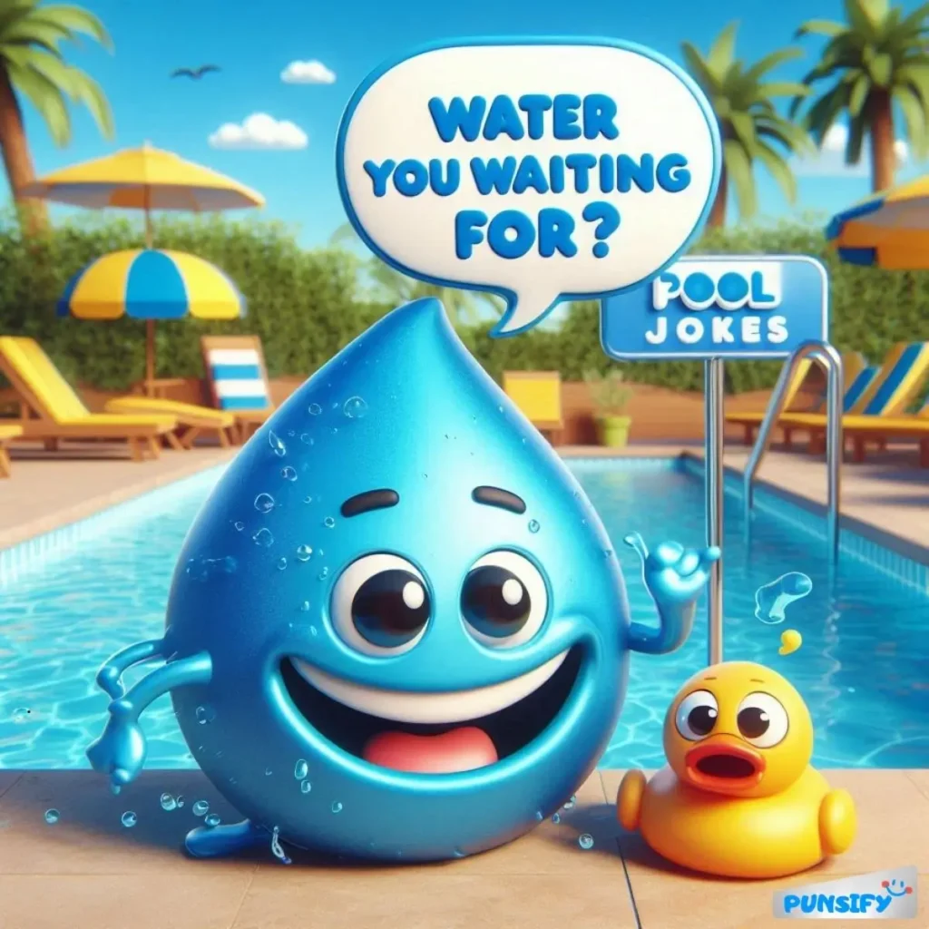 A smiling blue water droplet asks, 'WATER YOU WAITING FOR?' next to a rubber duck by a pool.