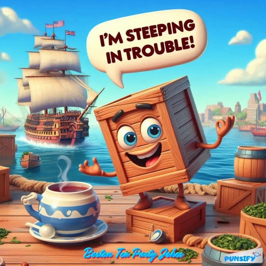 A cheerful wooden box holding a cup beside a ship, saying, "I'm steeping in trouble!"