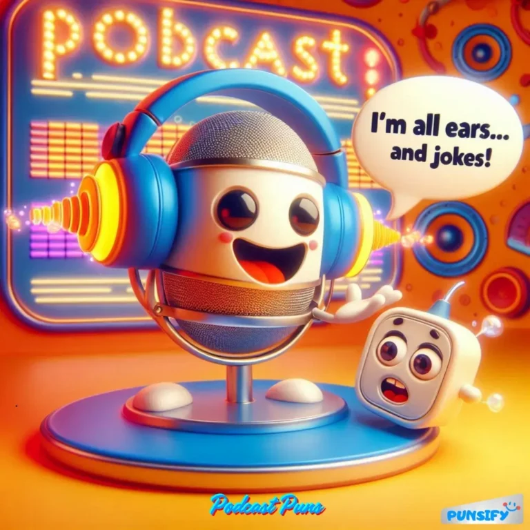 A microphone with headphones and a small character, both smiling and joking.