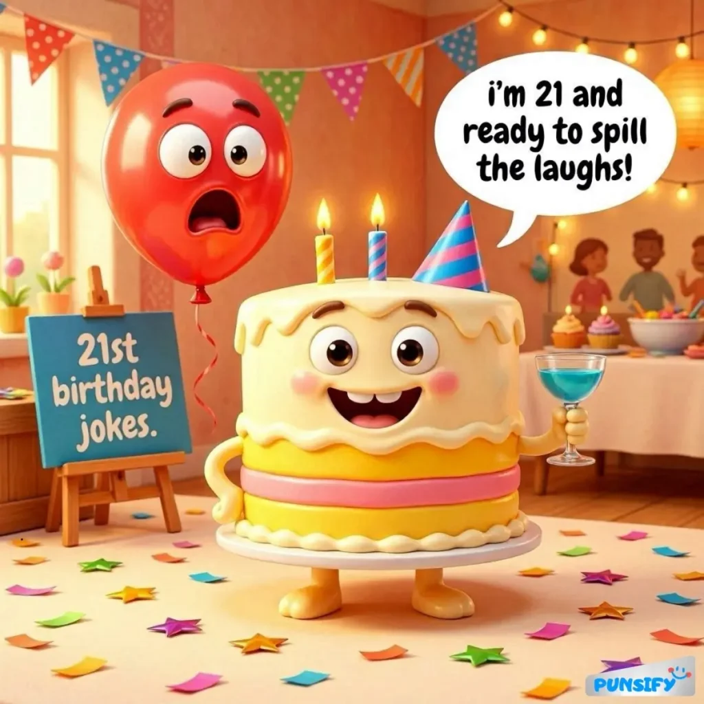 A cheerful cake with arms and legs, holding a drink, wearing a party hat, with a shocked balloon beside it.