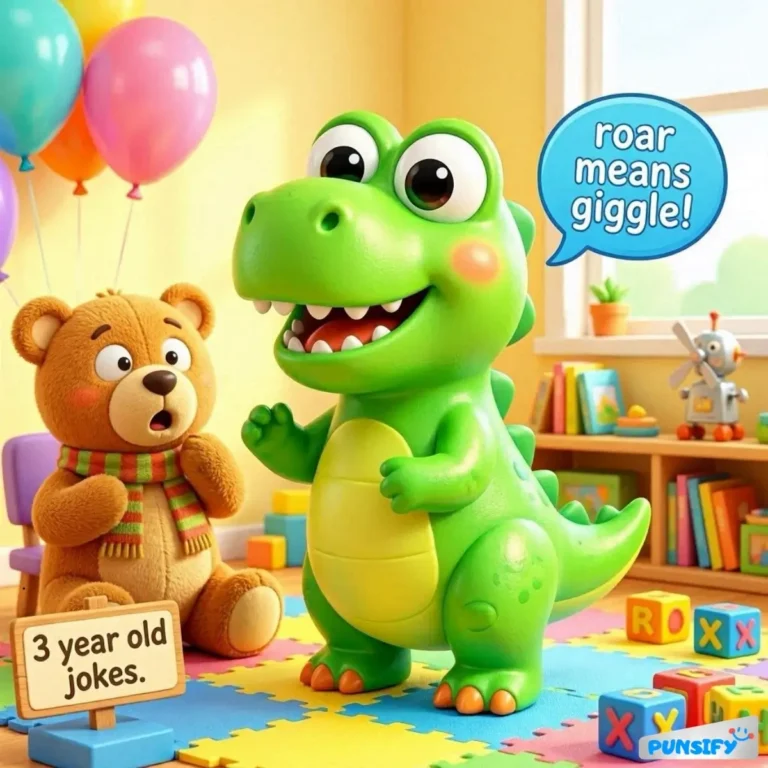 A cheerful dinosaur next to a teddy bear, colorful blocks in the background.