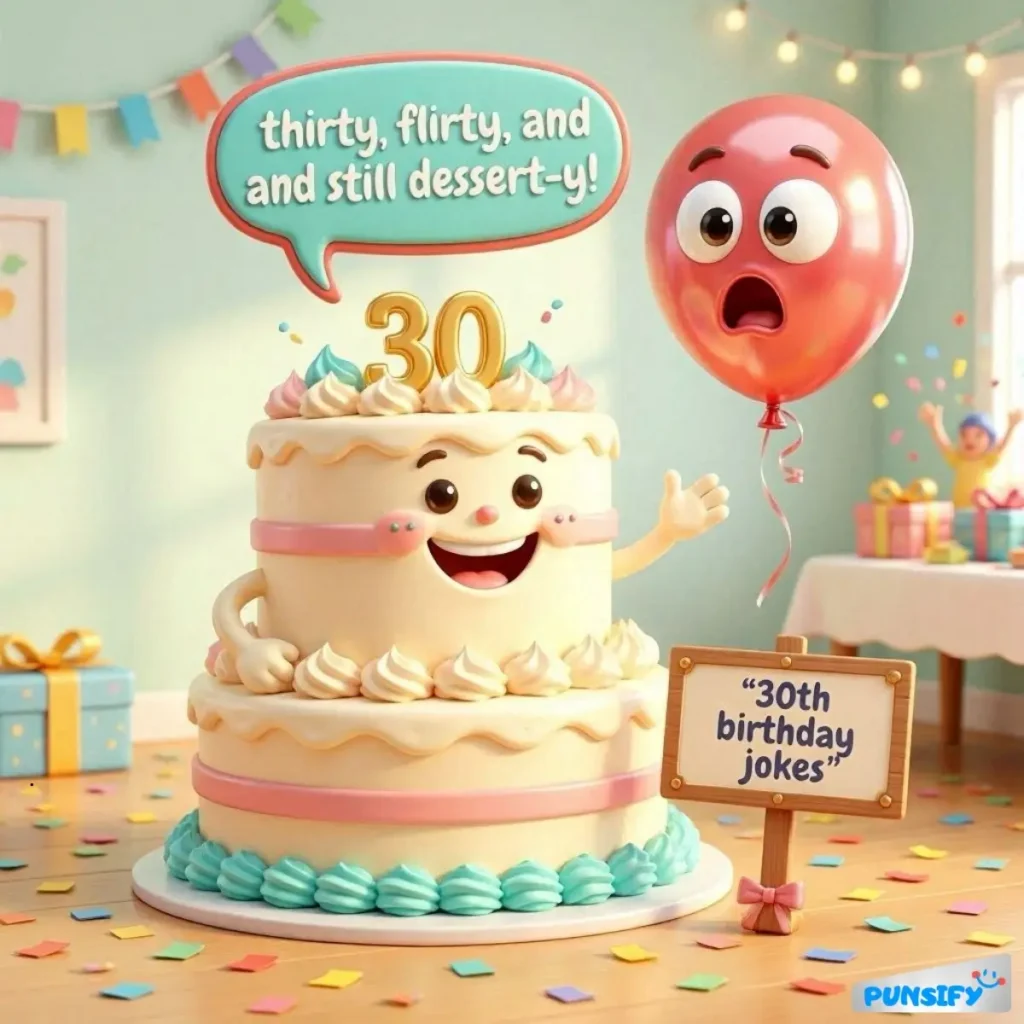 A cheerful cake with a smile, holding a sign that says '30th birthday jokes'