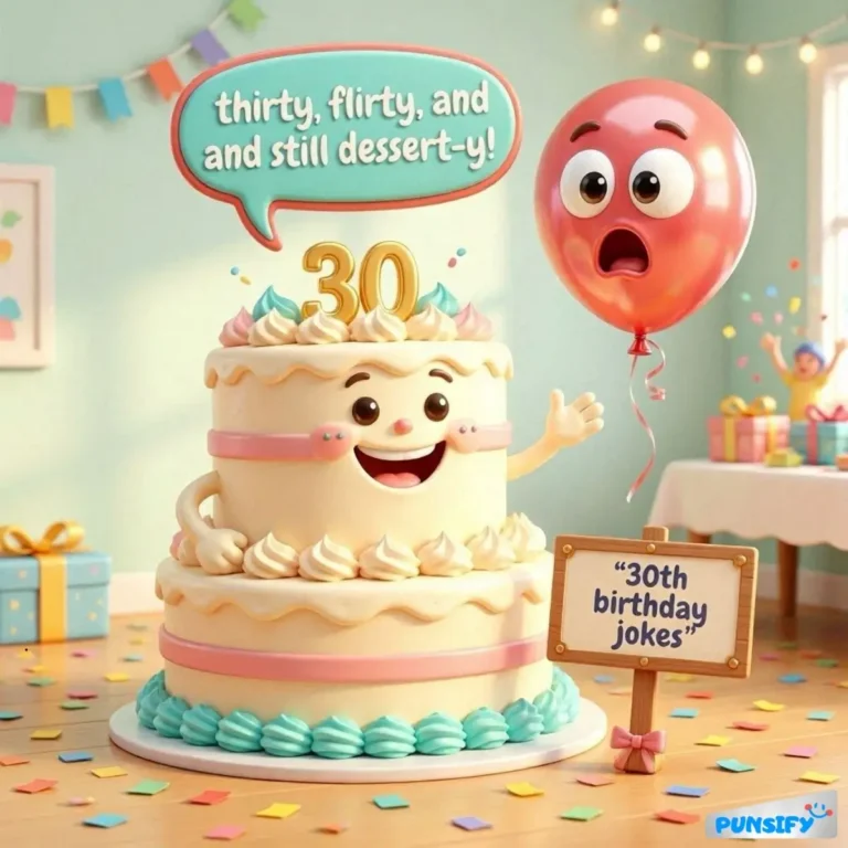 A cheerful cake with a smile, holding a sign that says '30th birthday jokes'