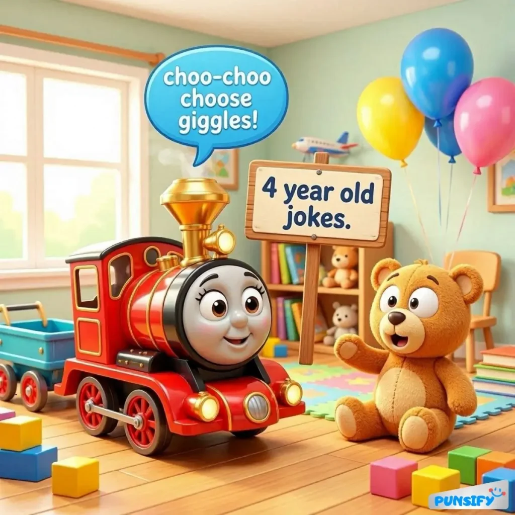 A train with a smiling face and a teddy bear, both inviting laughter.