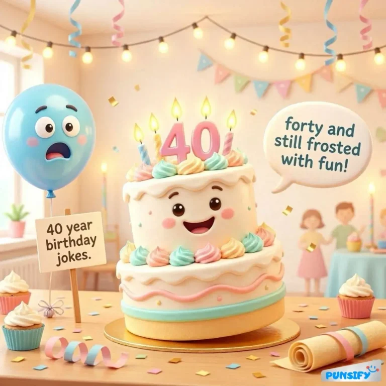 A cheerful birthday cake with candles and a surprised balloon, celebrating 40 years.