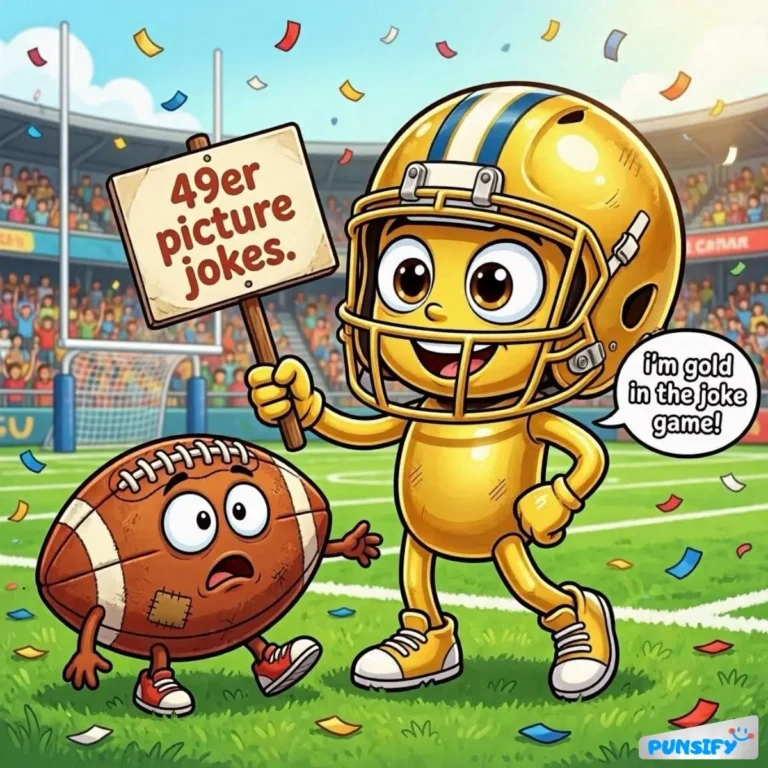 A joyful character in a football helmet holds a sign saying '49er picture jokes' while a surprised football looks on.