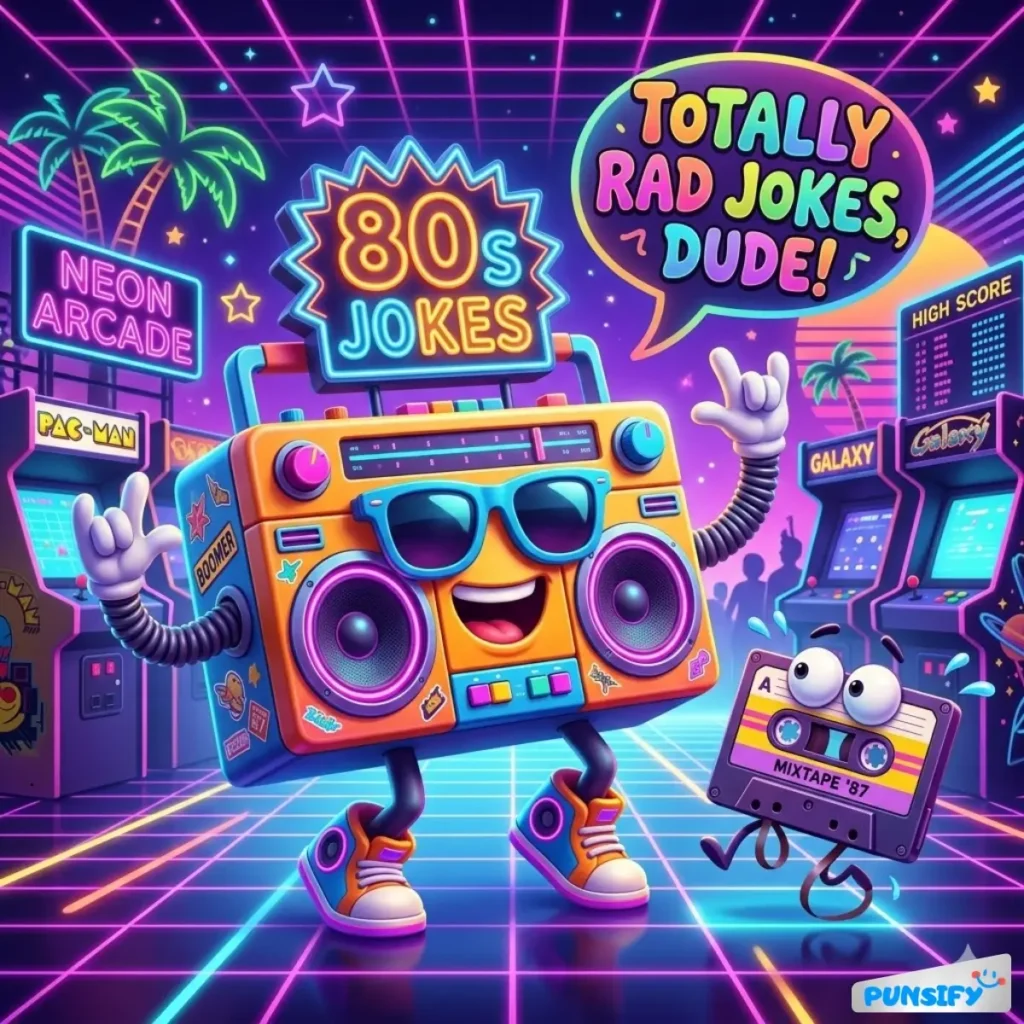 A funky boombox with a happy face dances in a neon arcade, holding a cassette tape.