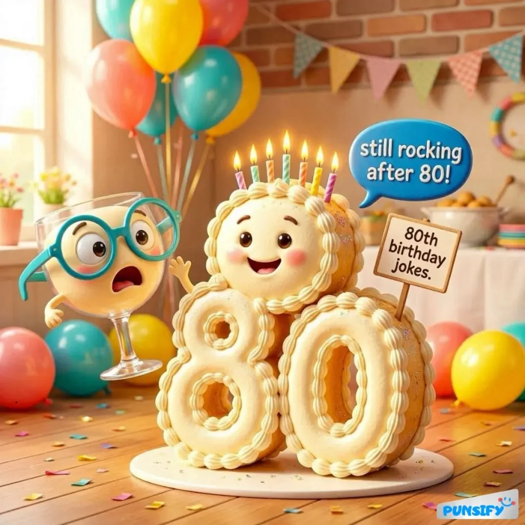 A cake shaped like the number 80, with candles and a cute character holding a drink, celebrating a birthday.