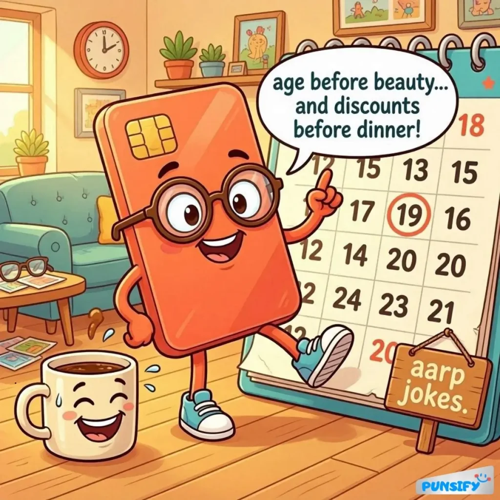 A cheerful phone character with glasses, holding a calendar and mug, humorously stating, "age before beauty... and discounts before dinner!"