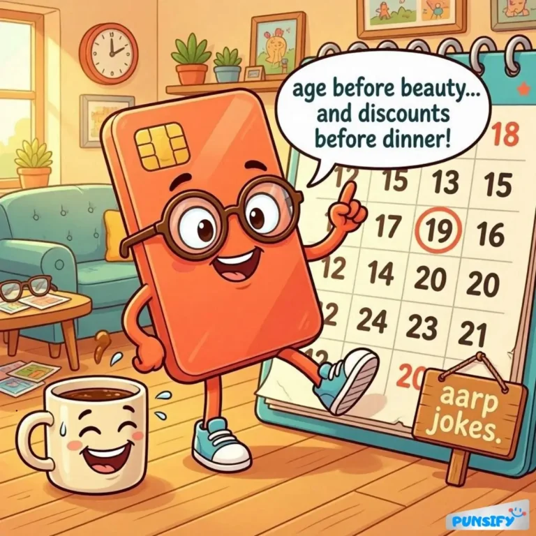 A cheerful phone character with glasses, holding a calendar and mug, humorously stating, "age before beauty... and discounts before dinner!"