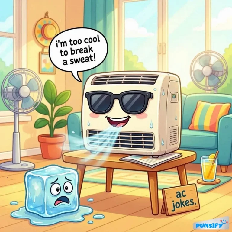 A cool air conditioner wearing sunglasses, sweating, while a sad ice cube watches.