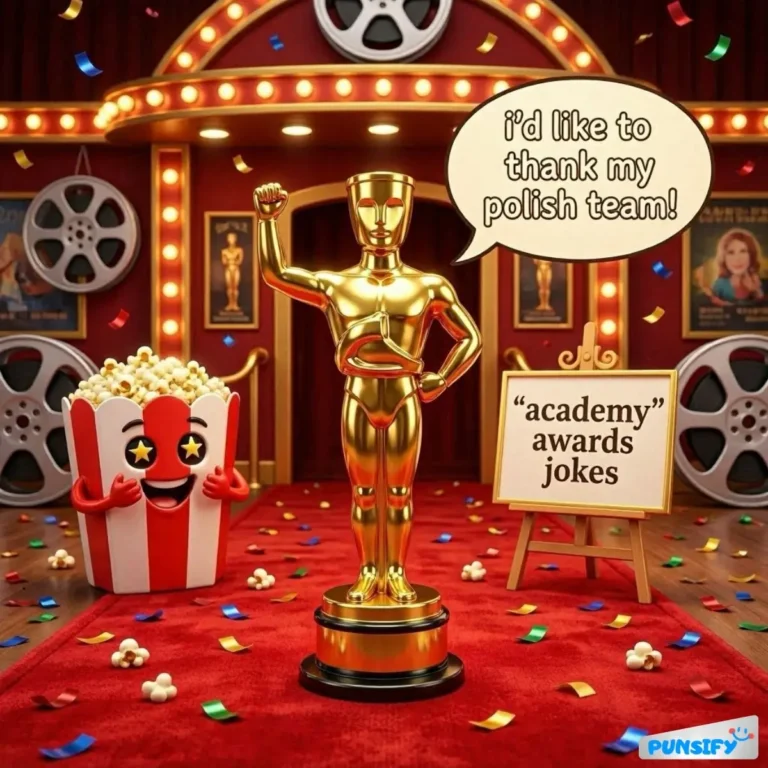 Golden trophy on red carpet with popcorn box; dialogue: "i'd like to thank my polish team!"