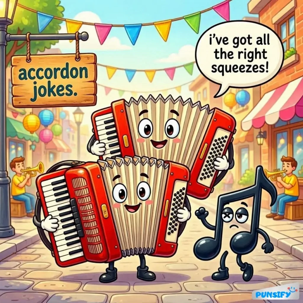 Two happy accordions with faces play music, sharing a pun. A music note watches, smiling.