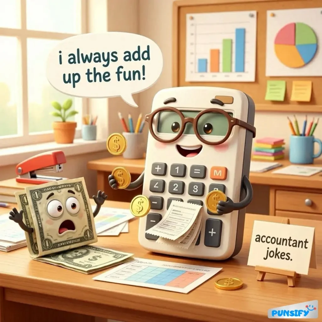A cheerful calculator and a surprised dollar bill, both engaged in playful banter.