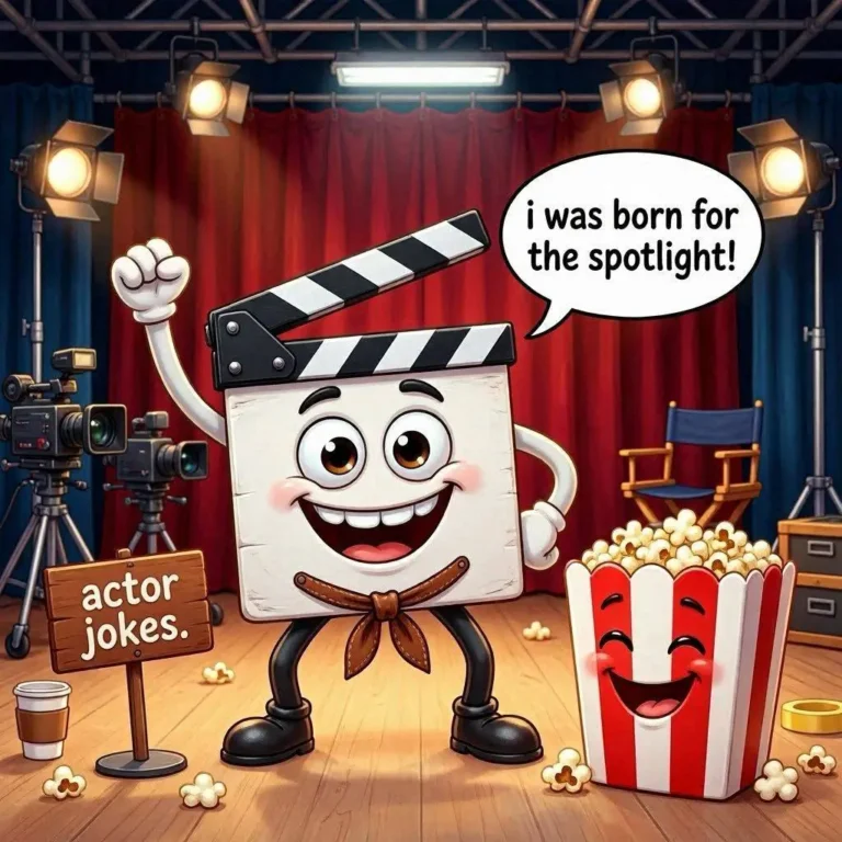 A smiling clapperboard and popcorn in a film set with lights.