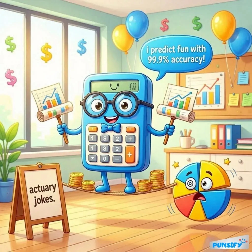 A calculator with glasses holding charts, predicting fun with a colorful ball.