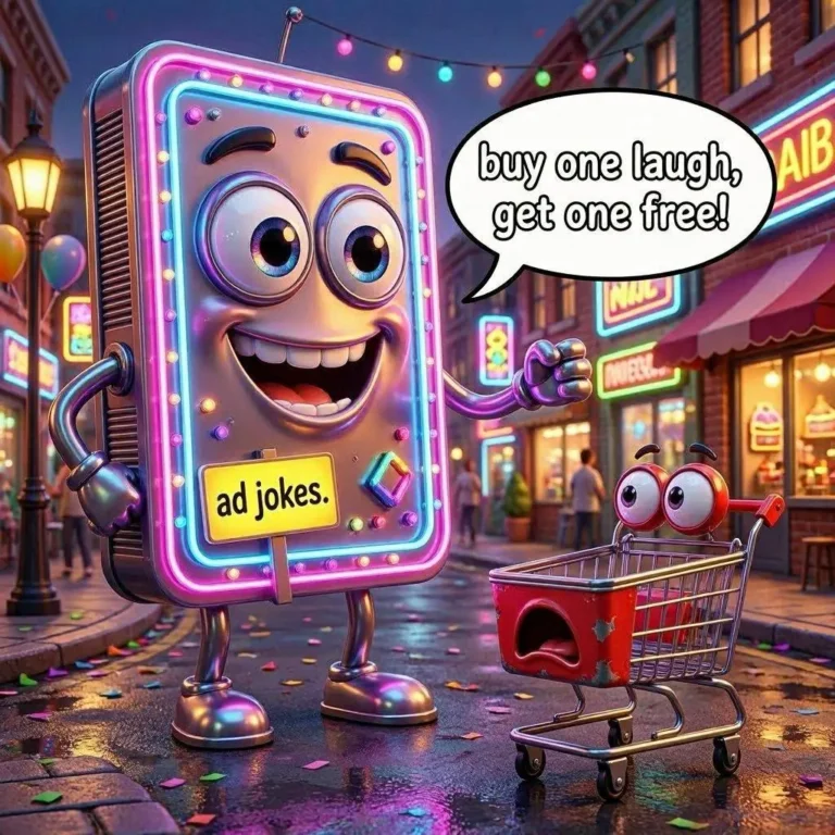 A neon sign character with a cart and a surprised face, advertising jokes in a lively street.
