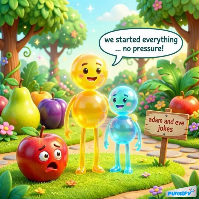 Two colorful figures joke about starting everything; a sad apple looks on.