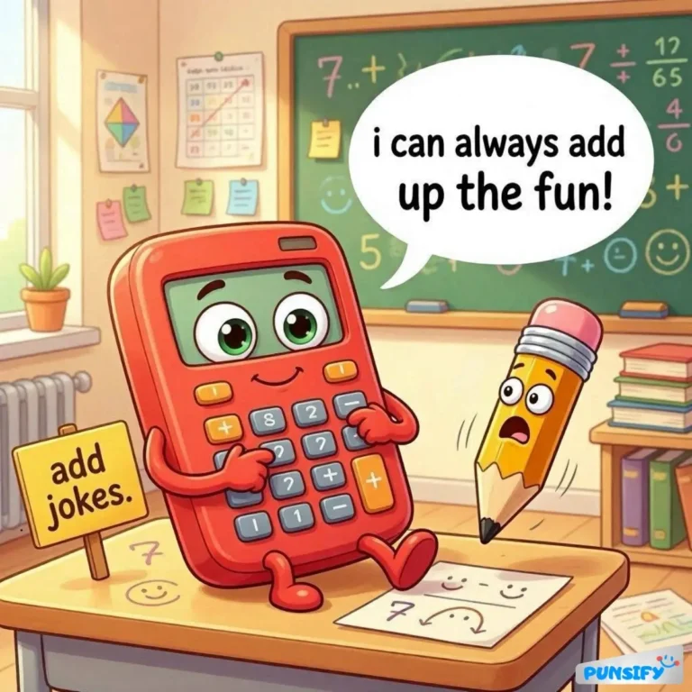 Calculator with a pencil shocked, saying 'I can always add up the fun!'